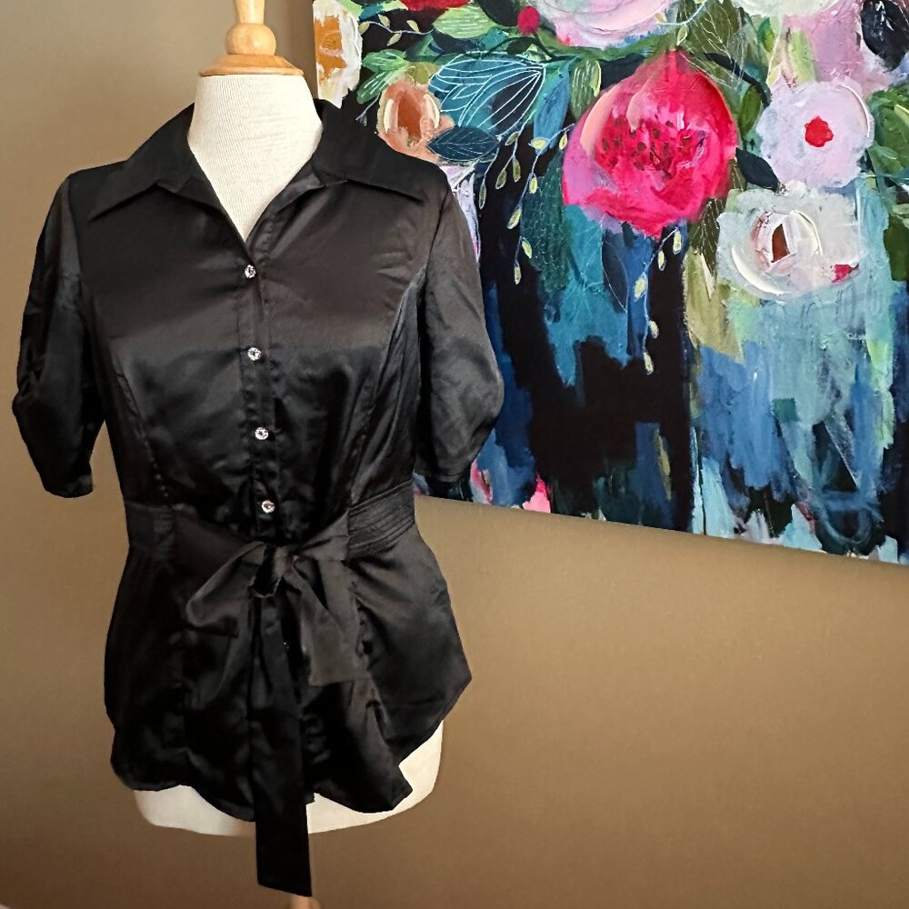 Ally B. Black Satin Sheen Jeweled Button-Up Blouse Women's Size Large